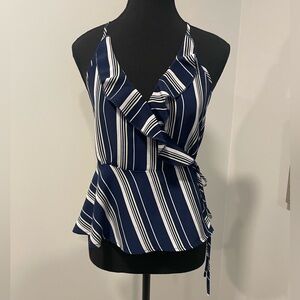 Urban Heritage Blue & White Striped Y2K Ruffled Wrap Top EUC